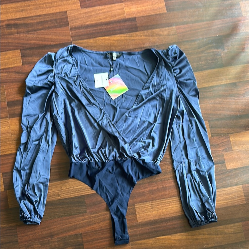 Missguided Blue Puff Sleeve Bodysuit with Wrap Design